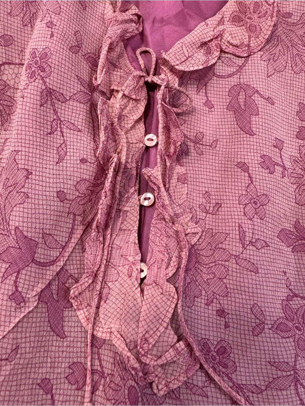 Vintage Y2K  ✨ Fairy 🧚 Sleeveless Pink Floral Ruffle Tie V Neck Silk Top, M - Picture 4 of 14